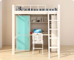 Twin size loft steel bed frame with storage locker and desk